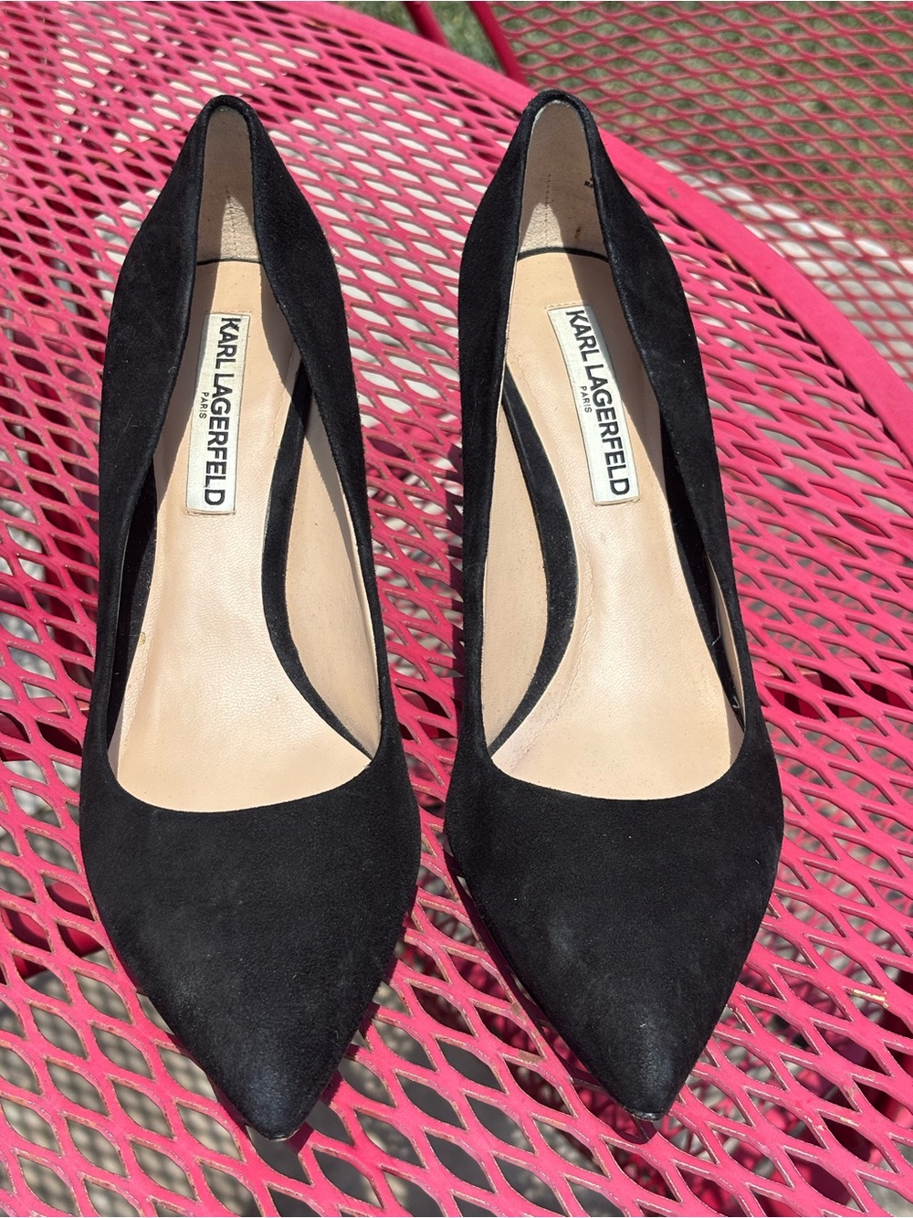 Classic Black Suede Point Toe Pumps with Rhinestone Bedazzled Chunky Heel